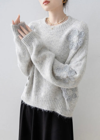 Boutique Grey O Neck Nail Bead Knit Sweater Tops Spring