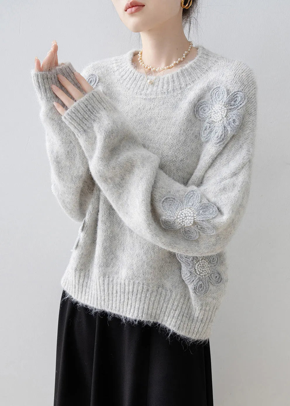 Boutique Grey O Neck Nail Bead Knit Sweater Tops Spring