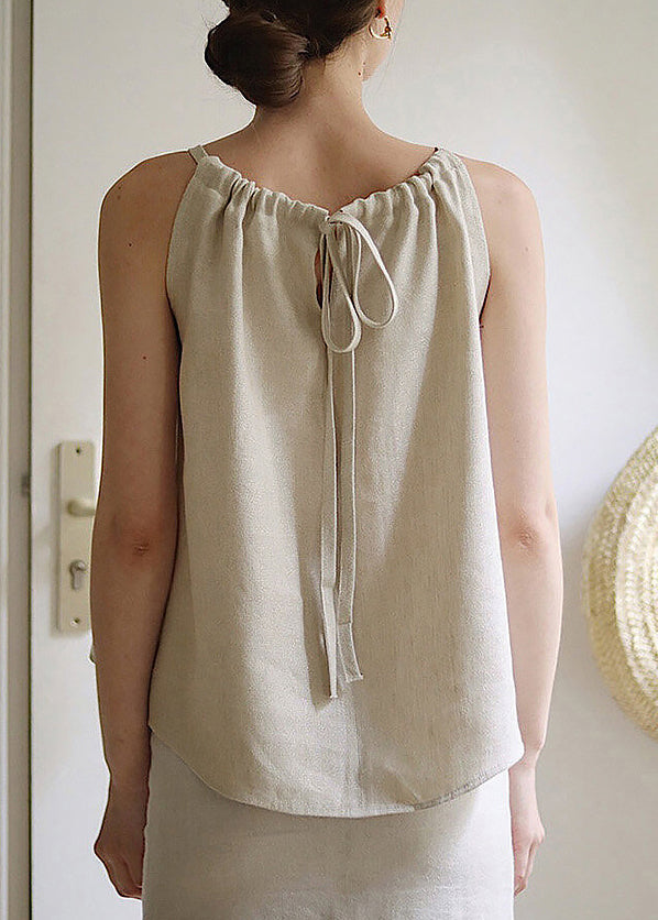 French Style Linen O Neck Lace Up Top Sleeveless