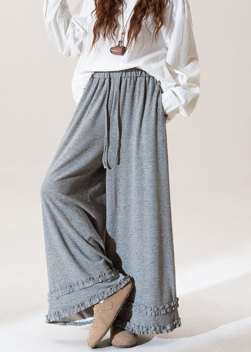 Grey Ruffled Elastic Waist Patchwork Cotton Wide Leg Pants Fall