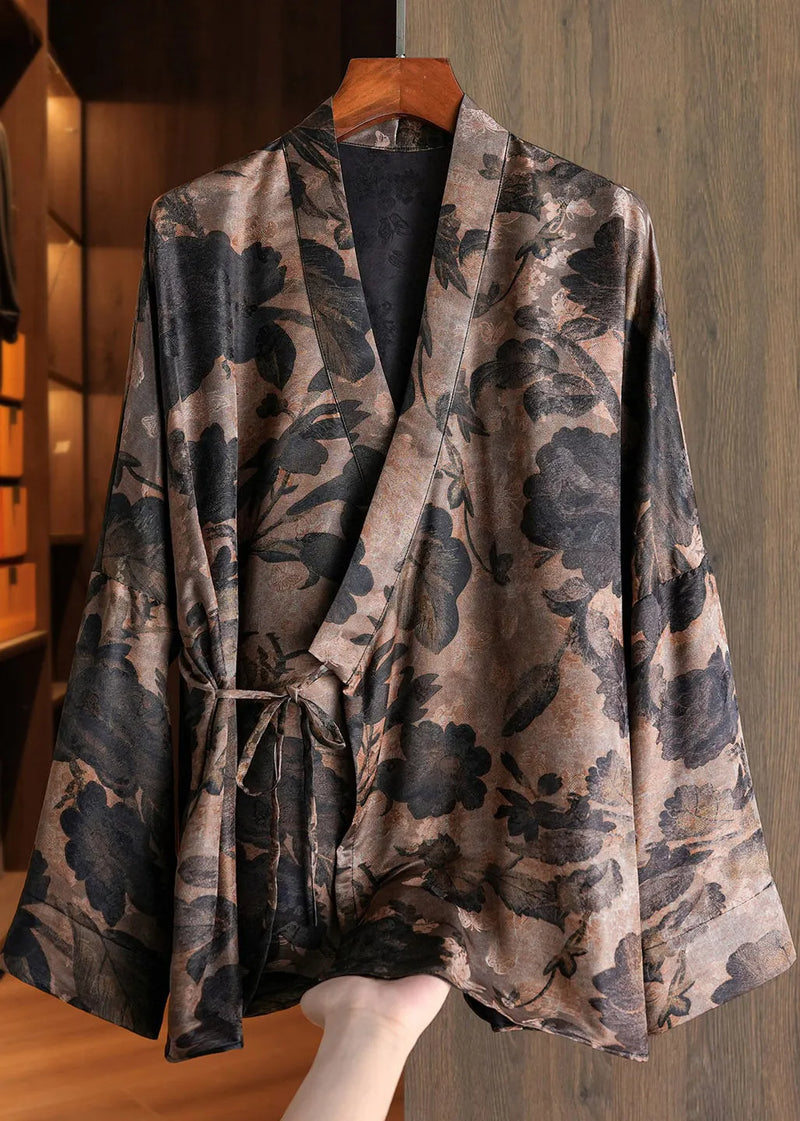 Chinese Style Blue V Neck Print Tie Waist Coats Fall