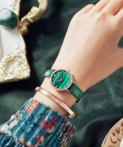 Green Leather Quartz Movement Waterproof Watches