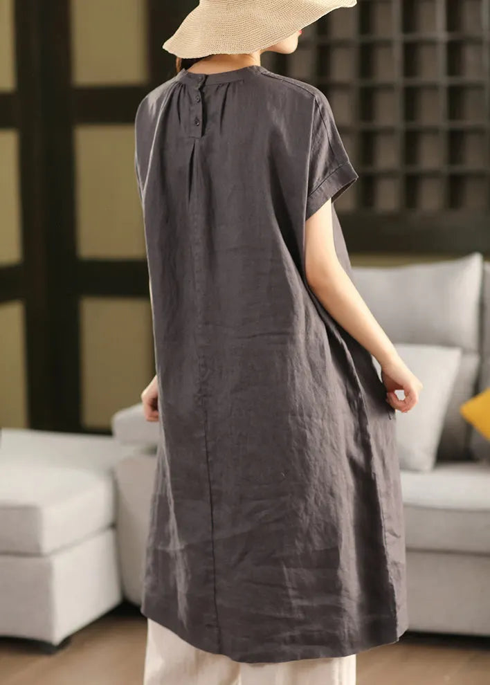 New Pink Button Pockets Side Open Linen Summer Dress