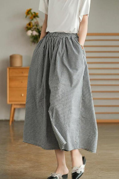 Cotton Plaid Pocket Straight Wide Leg Pants
