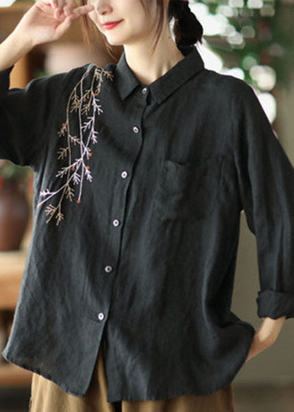 Black Peter Pan Collar Embroidered Linen Blouse Spring