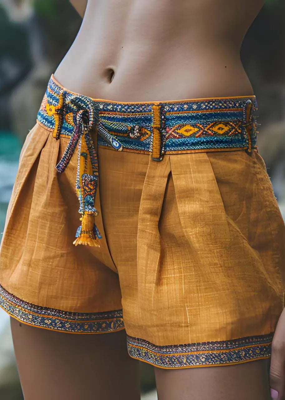 Yellow Patchwork Cotton Shorts Summer