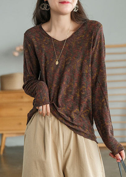 Chocolate V Neck Print Tops Spring