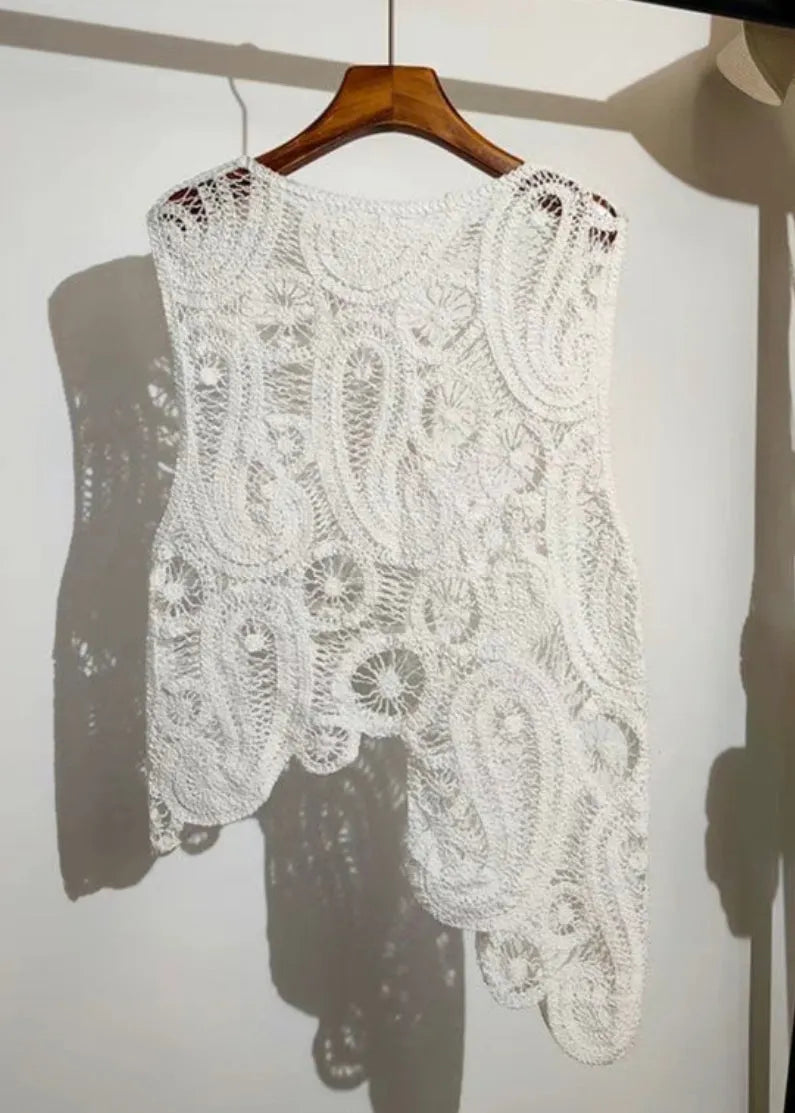 New Apricot Asymmetrical Hollow Out Knit Vest Sleeveless