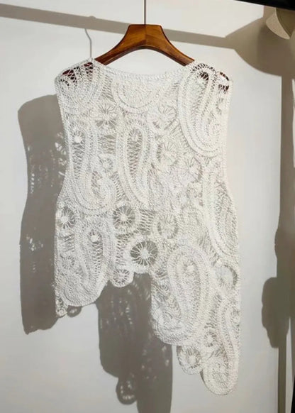 New Apricot Asymmetrical Hollow Out Knit Vest Sleeveless