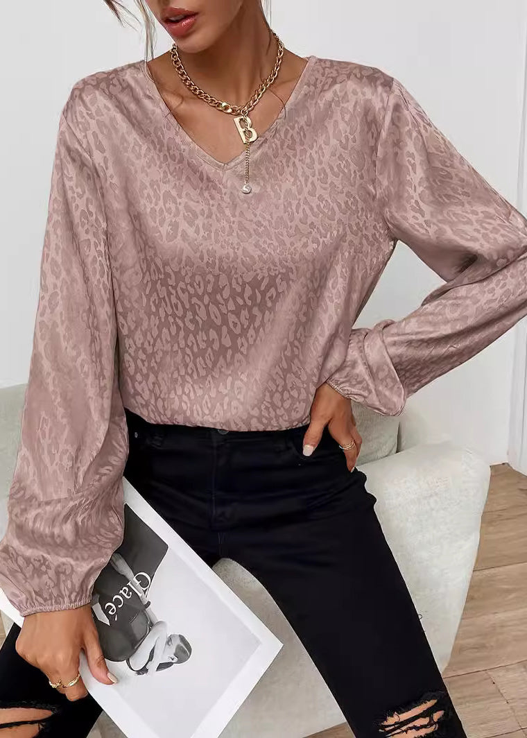Pink V Neck Jacquard Silk Shirt Top Spring