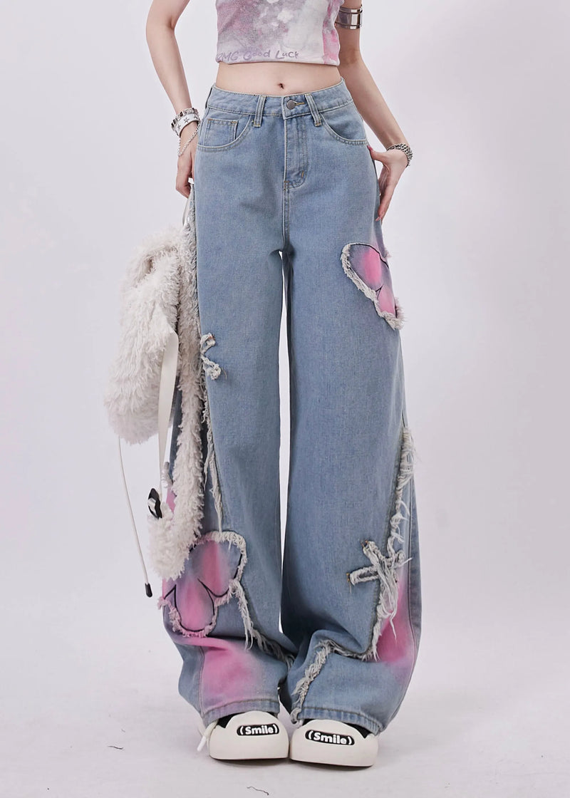 Blue Butterfly Patch Tassel Denim Straight Pants Spring
