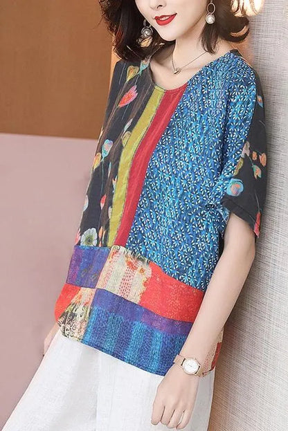 Summer Printed Wommen Loose Linen T-shirt