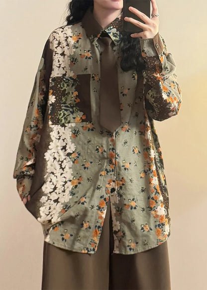 Green Print Button Pockets Cotton Blouses Spring