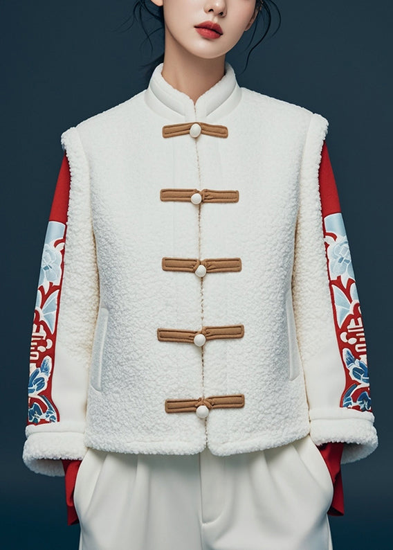 White Button Print Teddy Faux Fur Coat Winter