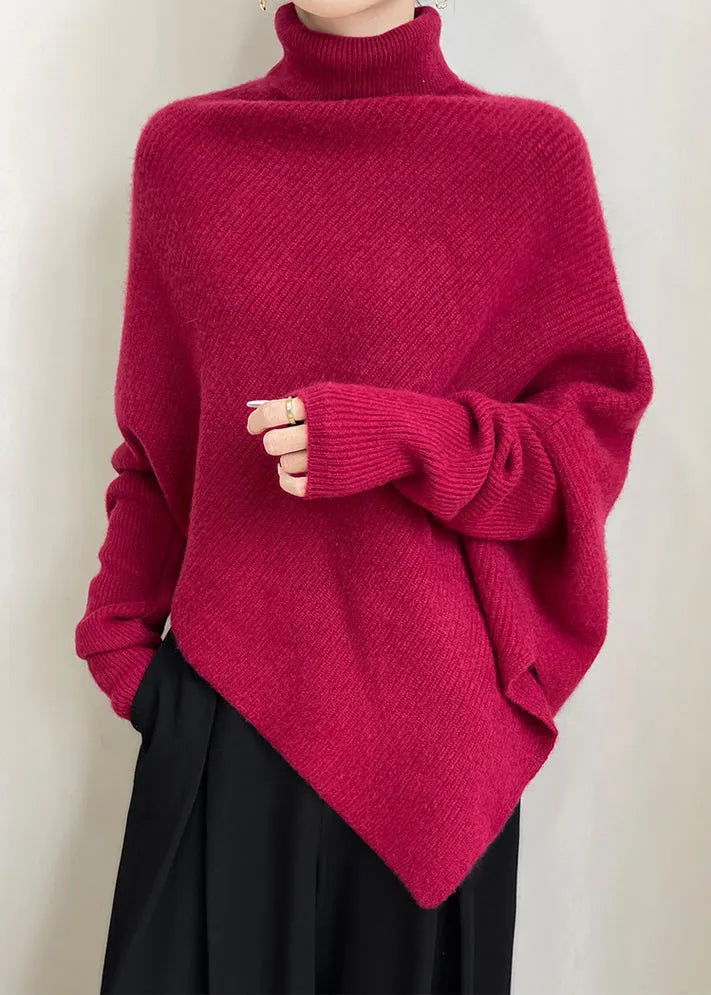 Red Asymmetrical Thick Woolen Sweaters Winter