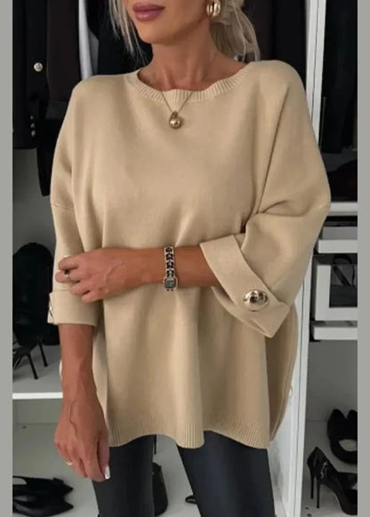 New Grey O Neck Thick Knit Sweater Tops Bracelet Sleeve