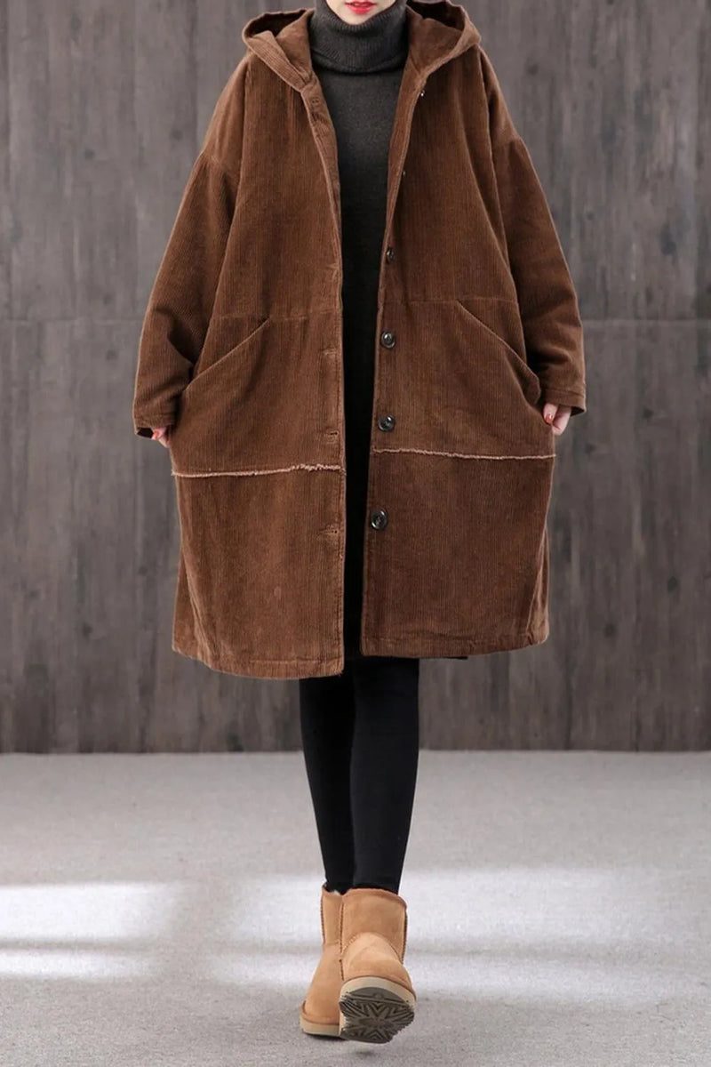 Winter Long Retro Corduroy Hooded Coat