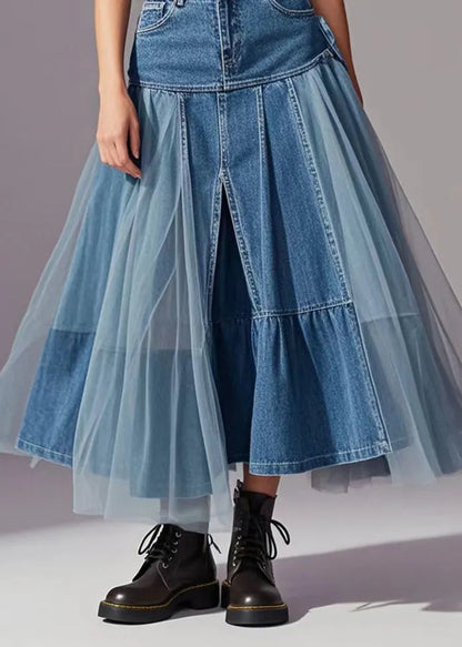 Blue Tulle Patchwork Exra Large Hem Denim Skirts Spring