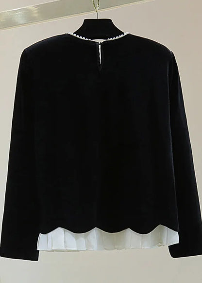 Simple Black O-neck Nail Bead Silk Velvet Sweater Winter