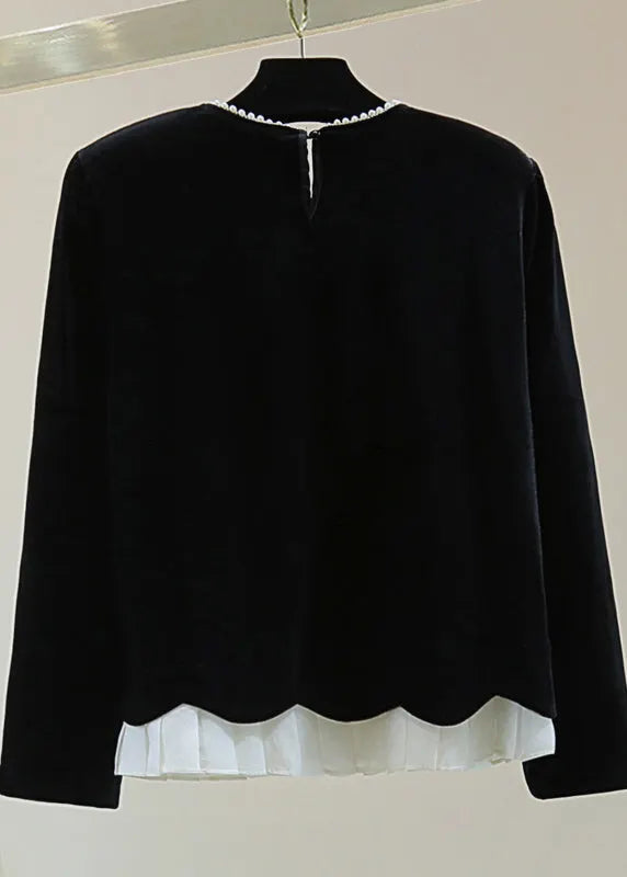Simple Black O-neck Nail Bead Silk Velvet Sweater Winter