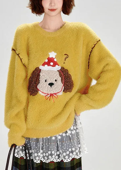 Yellow Embroidered Dog Warm Fuzzy Fur Fluffy Knit Pullover Winter