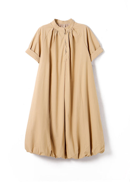 Light Grey Stand Collar Button Cotton Long Dress Summer