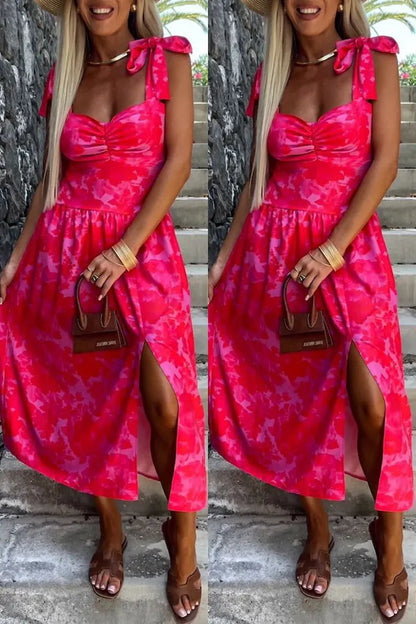 Color Print Backless Slit Belted Spaghetti Strap Sleeveless Dresses(7 Colors)