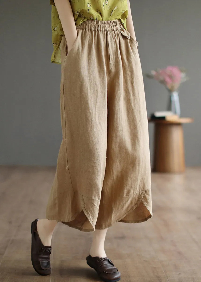 Khaki Patchwork Elastic Waist Linen Wide Leg Pants