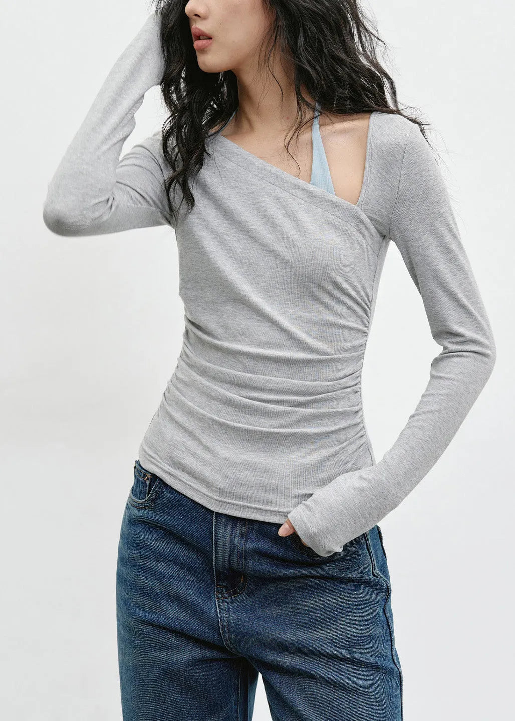 Slim Fit Slanted Shoulder Grey Long Sleeved T-shirt Spring