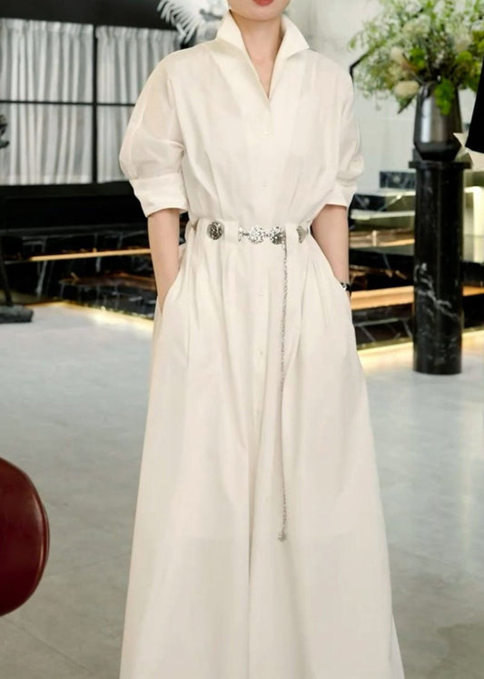 Boutique White Stand Collar Sashes a Line Dress Half Sleeve