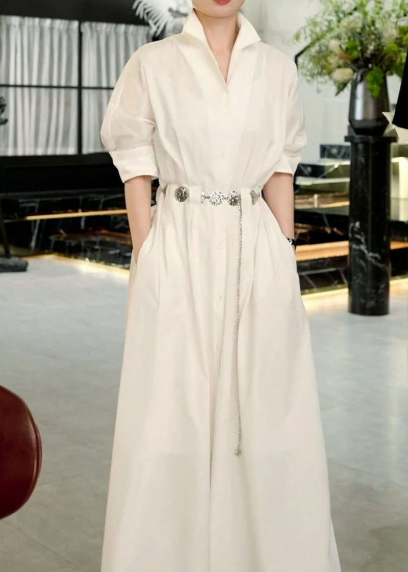 Boutique White Stand Collar Sashes a Line Dress Half Sleeve