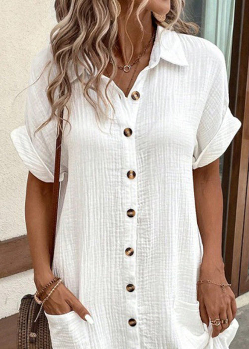 White Peter Pan Collar Button Pockets Cotton Shirt Dress Summer