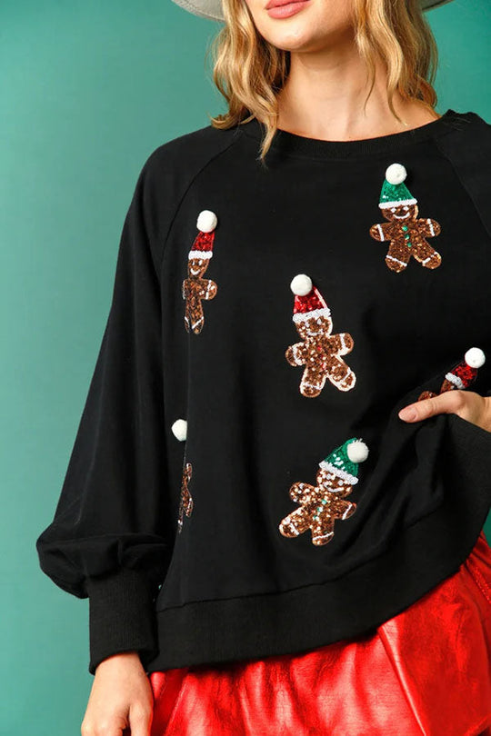 Christmas Gingerbread Man Sequin Long-Sleeve Sweatshirt