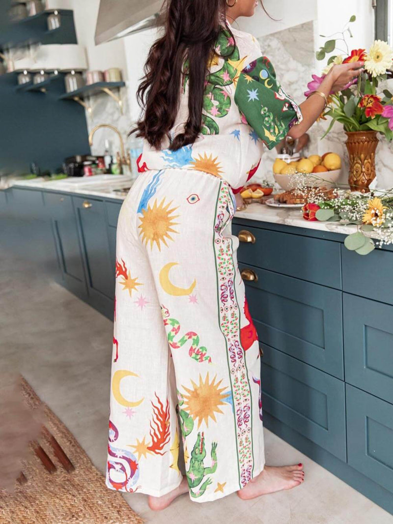 Short Sleeve Unique Print Loose Shirt and Elastic Waist Pants Set