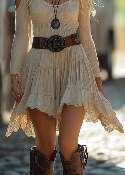 Stylish Beige Cold Shoulder Lace Patchwork Cotton Dress