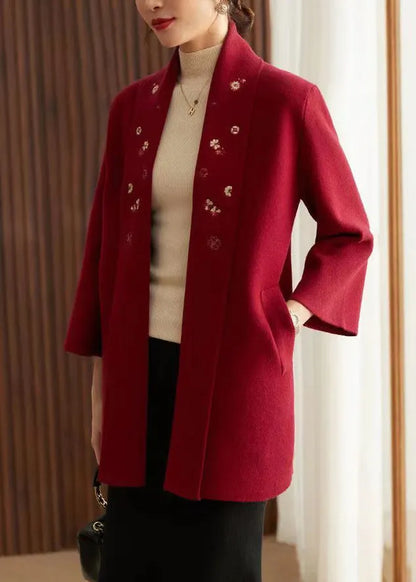 Red Embroideried Pockets Patchwork Knit Cardigans Fall