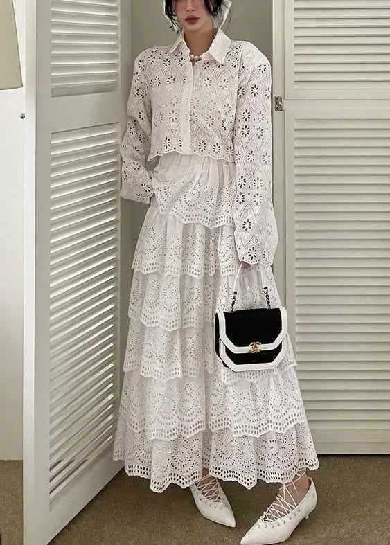 French White Hollow Out Shirts and Skirts Cotton Two Piece Set Fall