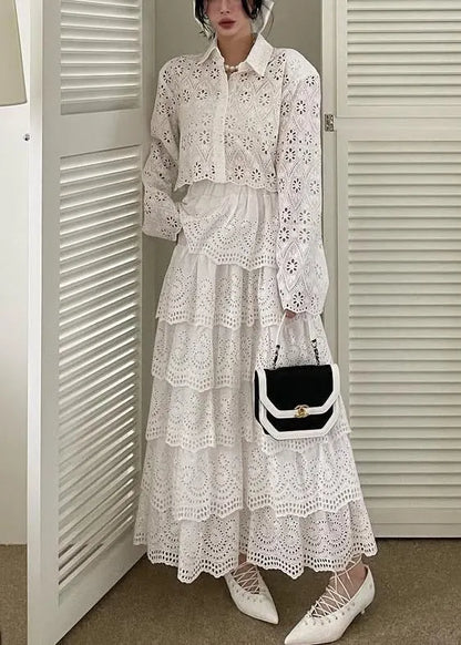 French White Hollow Out Shirts and Skirts Cotton Two Piece Set Fall