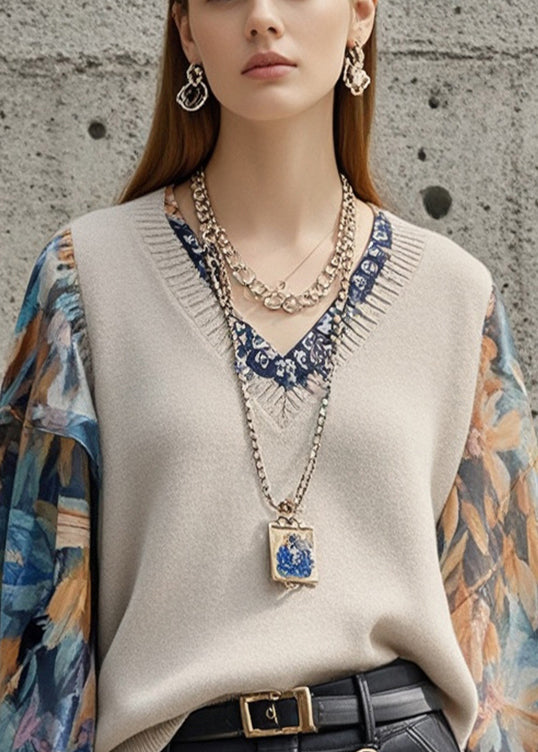 Light Camel Patchwork Print Sweater Tops Lantern Sleeve
