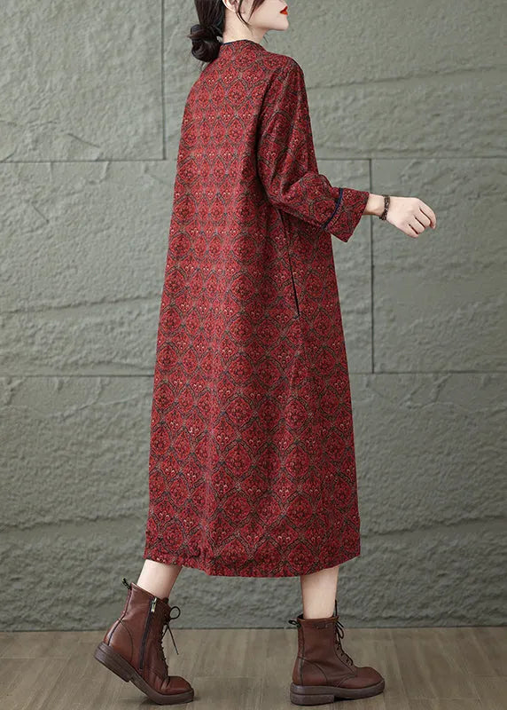Red Stand Collar Print Oriental Button Cotton Dress Fall