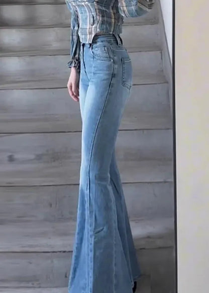Slim Fit Blue Pockets High Waist Denim Flared Trousers Spring
