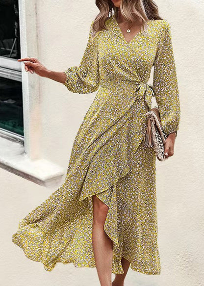 Blue V Neck Print Ruffled Lace Up Chiffon Dress Long Sleeve