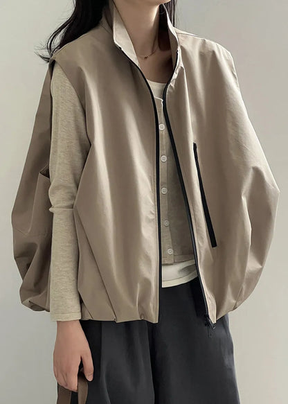 Boutique Khaki Stand Collar Zip Up Wrinkled Vest Sleeveless