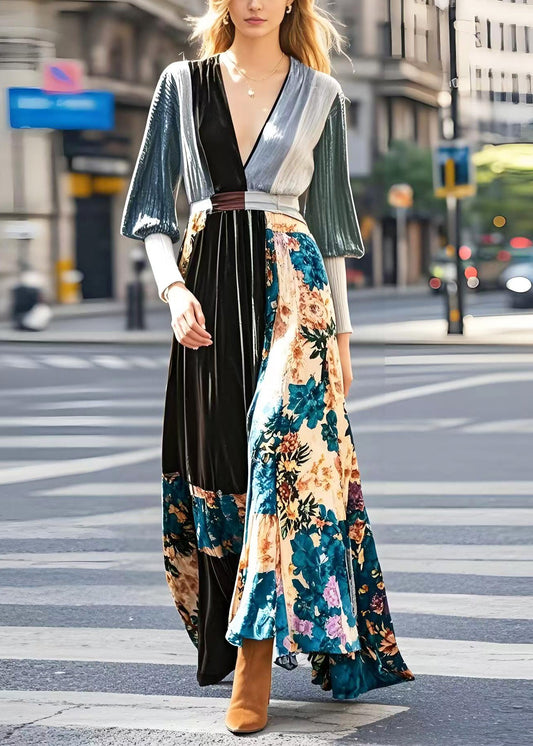 Diy Print Patchwork Exra Large Hem Silk Velvet Holiday Dress Spring