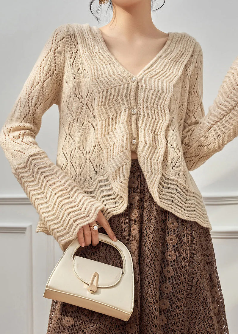 Beige V Neck Hollow Out Button Knit Cardigan Fall