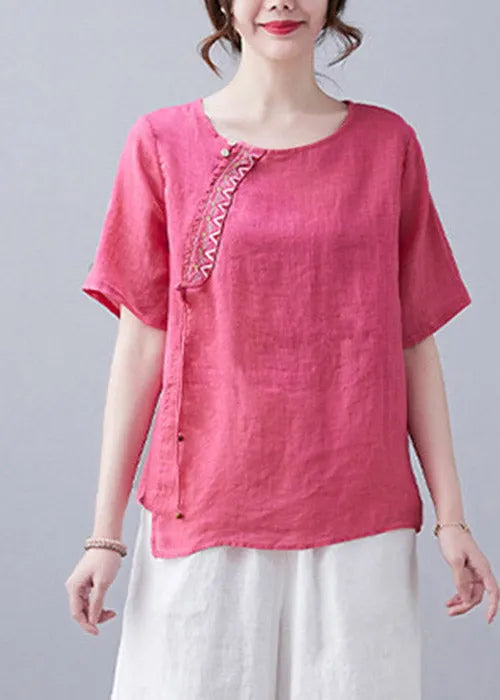Simple Rose O-neck Asymmetrical Design Embroidered Top Short Sleeve