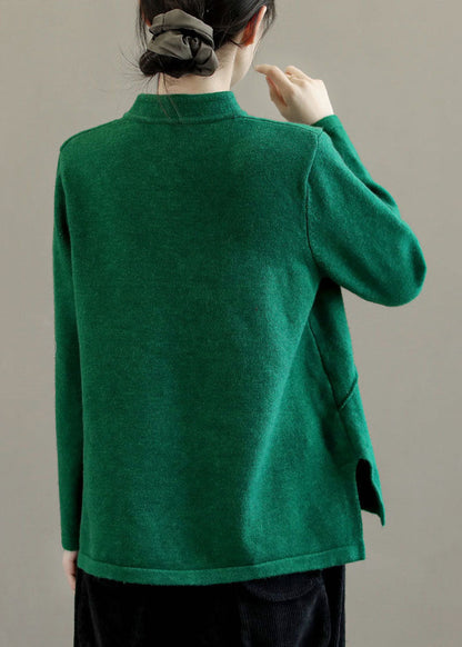 Green Mandarin Collar Embroidered Knit Sweaters Winter