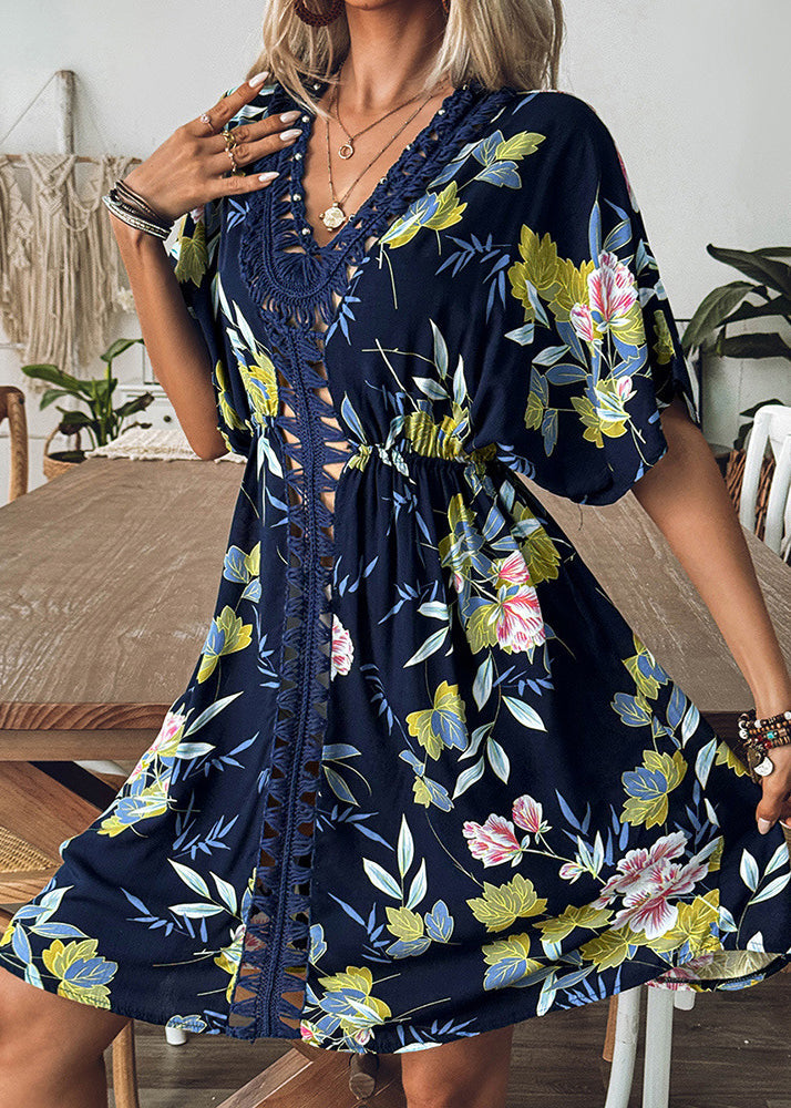 Loose Navy V Neck Hollow Out Print Cotton Dress Batwing Sleeve