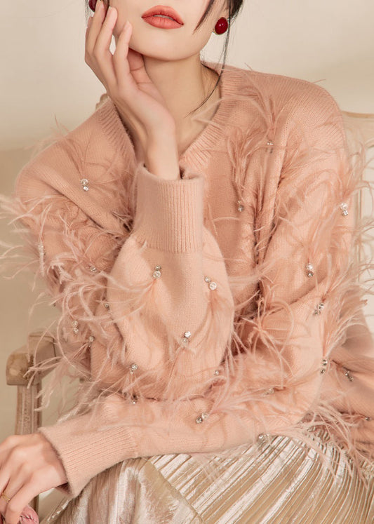 Organic Skin Pink O-neck Zircon Feather Cotton Knit Sweater Winter
