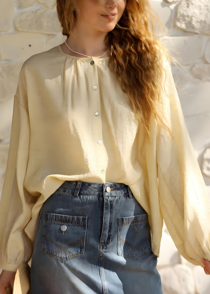 Yellow O Neck Button Cotton Shirts Tops Spring